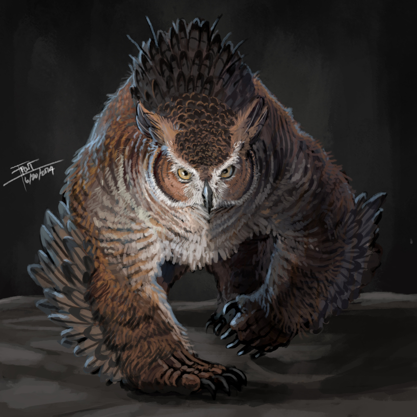 absurdres animal_focus beak claws dated dungeons_&amp;_dragons feathers frost_llamzon full_body highres looking_at_viewer monster no_humans owlbear signature solo yellow_eyes