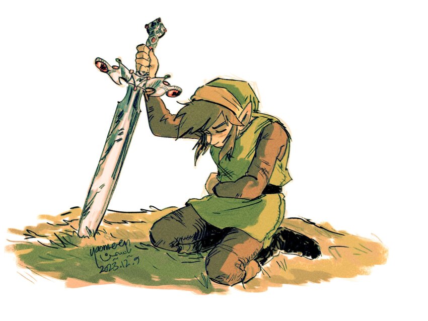 1boy artist_name black_boots boots brown_hair closed_eyes dated elf full_body grass green_tunic hat highres holding holding_sword holding_weapon injury kneeling link nintendo pointy_ears sidelocks signature sword the_legend_of_zelda tunic weapon zelda_ii:_the_adventure_of_link
