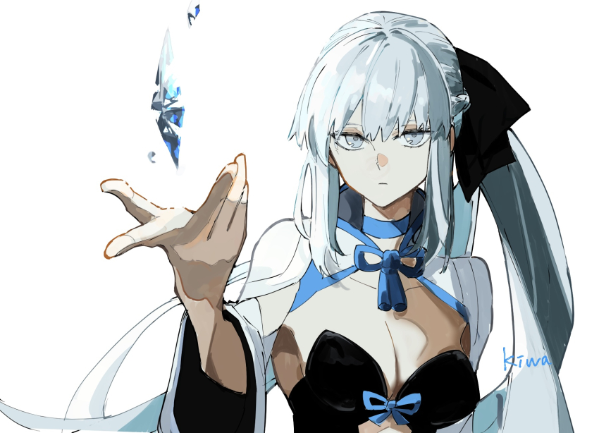 1girl black_bow black_dress blue_eyes bow braid breasts cleavage crystal dress fate/grand_order fate_(series) floating floating_object grey_hair hair_bow half_up_braid highres ki_wa001 large_breasts long_hair long_sleeves looking_at_viewer morgan_le_fay_(fate) ponytail sidelocks simple_background solo very_long_hair white_background