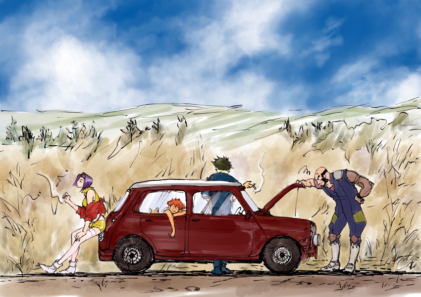 2boys 2girls absurdres beard blue_sky car cloud cloudy_sky cowboy_bebop dog edward_wong_hau_pepelu_tivrusky_iv ein_(cowboy_bebop) facial_hair faye_valentine hairband highres jet_black mini_cooper motor_vehicle multiple_boys multiple_girls off_shoulder prosthesis prosthetic_arm purple_hair red_car sky spike_spiegel tobalin welsh_corgi yellow_hairband