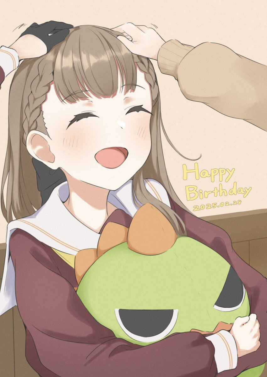 3girls :d ^_^ black_bow black_gloves blush bow braid brown_cardigan brown_dress brown_hair cardigan center-flap_bangs closed_eyes commentary_request dated dollchestra dress facing_viewer gloves gonzales_(love_live!) hair_bow half_gloves happy_birthday hasu_no_sora_school_uniform headpat highres indoors kachimachi_kosuzu link!_like!_love_live! long_hair long_sleeves love_live! multiple_girls murano_sayaka neckerchief open_mouth out_of_frame sailor_collar sailor_dress school_uniform side_ahoge side_braids smile solo_focus straight_hair stuffed_dinosaur tomoe_(tomoe_200) upper_body virtual_youtuber white_sailor_collar winter_uniform yellow_neckerchief yugiri_tsuzuri