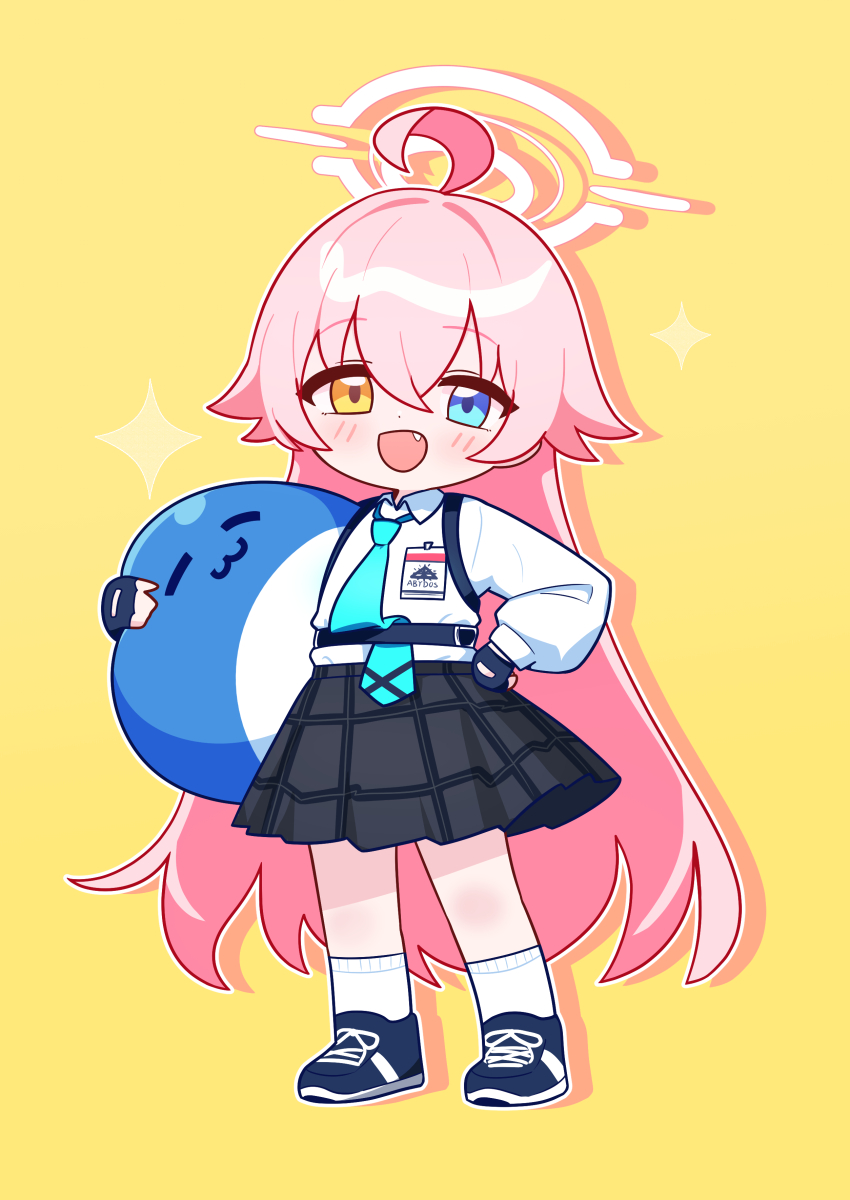 1girl absurdres ahoge black_gloves black_shoes black_skirt blue_archive blue_eyes blue_necktie blush carrying carrying_under_arm chibi fang fingerless_gloves full_body gloves halo heterochromia highres hoshino_(blue_archive) huge_ahoge jorang_(jorang08) long_hair long_sleeves looking_at_viewer necktie open_mouth pink_hair puffy_long_sleeves puffy_sleeves shirt shoes simple_background skin_fang skirt socks solo standing stuffed_animal stuffed_toy stuffed_whale white_shirt white_socks yellow_background yellow_eyes