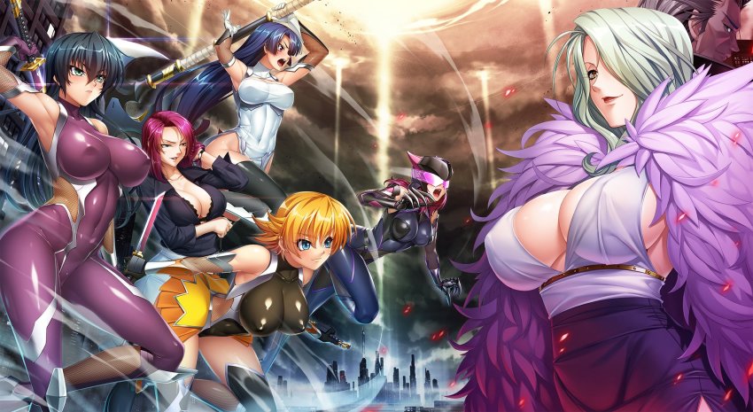 1boy 6+girls axe bare_shoulders battle black_hair blonde_hair blue_eyes blue_hair bodysuit breasts character_request city claws cleavage commentary_request covered_erect_nipples covered_eyes covered_navel curvy dress dual_wielding edwin_black epic fighting full_body gloves green_eyes green_hair hair_over_one_eye helmet highres hime_cut holding igawa_asagi igawa_sakura impossible_bodysuit impossible_clothes impossible_leotard jumping kagami_hirotaka knife koukawa_oboro large_breasts leotard lilith-soft lipstick long_hair looking_at_viewer makeup multiple_girls nipples no_bra oboro_(taimanin_asagi) official_art open_mouth outdoors parted_lips pelvic_curtain pink_hair purple_eyes purple_hair red_eyes shiny_skin short_dress short_hair siblings sisters skin_tight skirt sky smile snake_lady standing striped sword taimanin_(series) taimanin_asagi taimanin_asagi_zero team thick_thighs thighhighs thighs weapon wind yatsu_murasaki yellow_eyes