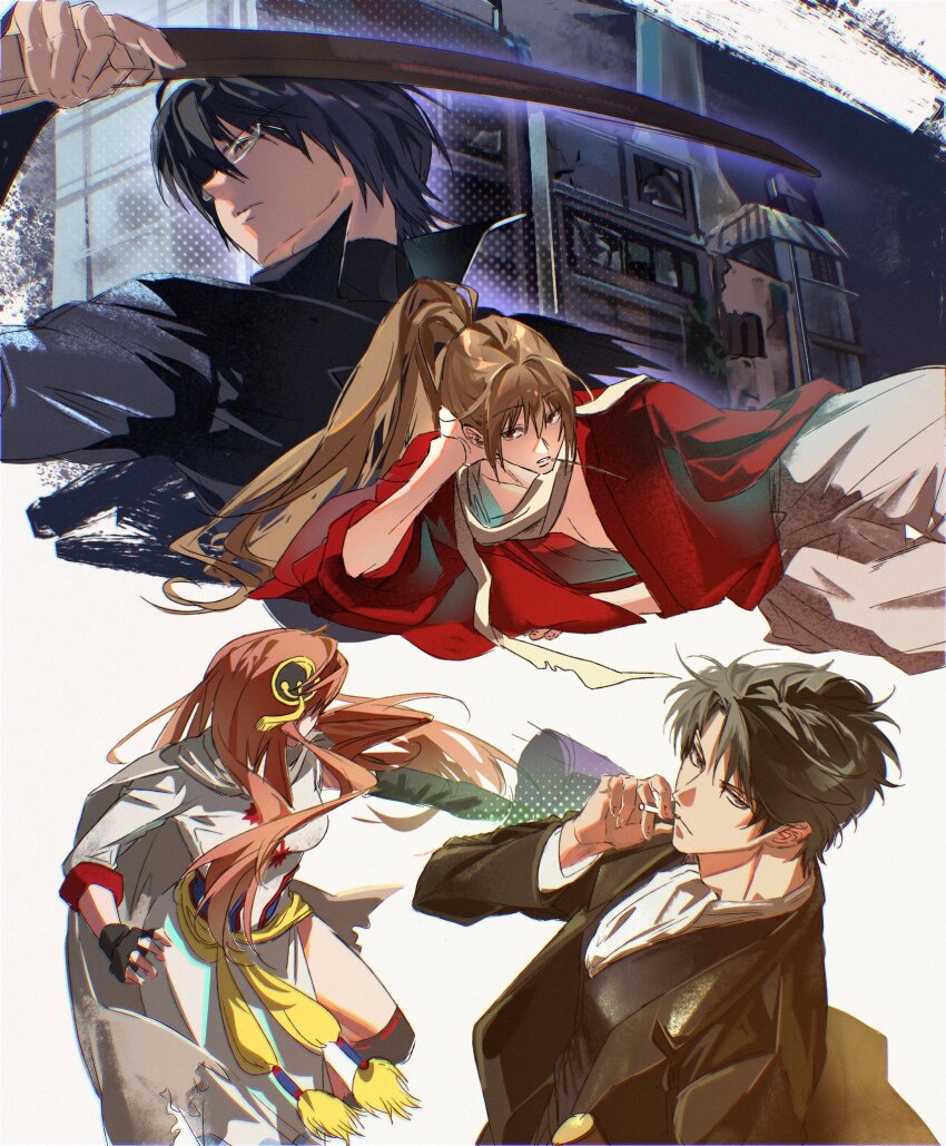 1girl aged_up black_hair brown_hair china_dress chinese_clothes cigarette dress gintama highres hijikata_toushirou holding holding_sword holding_weapon japanese_clothes kagura_(gintama) kimono long_hair multiple_boys nong1ji okita_sougo orange_hair shimura_shinpachi sword weapon yukata