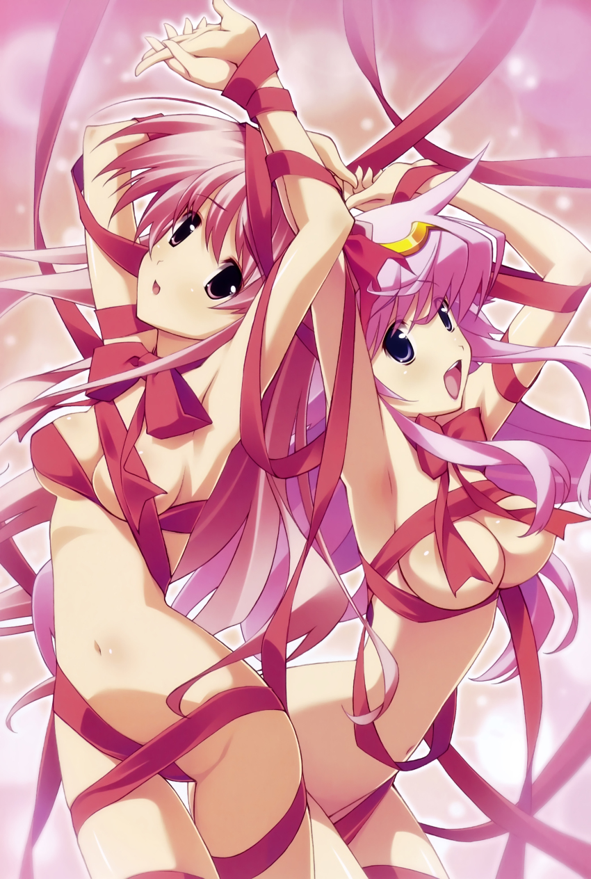 2000s_(style) 2girls absurdres antenna_hair armpits arms_up bdsm blood_tune blurry blurry_background blush bokeh bondage bound bound_arms bound_breasts bound_legs bound_together bound_wrists bow bowtie breasts chaos;head convenient_censoring dated depth_of_field embarrassed excited floating_hair from_side gold_hairband groin groin_tendon hair_between_eyes hair_ornament hairband head_tilt highres holding_hands light_particles long_hair looking_at_viewer matsuo_yukihiro medium_breasts multiple_girls naked_ribbon narrow_waist navel necktie official_art open_mouth pink_background pink_eyes pink_hair purple_eyes red_lips red_ribbon restrained ribbon ribbon_bondage sakihata_rimi scan science_adventure seira_orgel small_breasts stomach teeth tongue upper_teeth_only wrapped_up