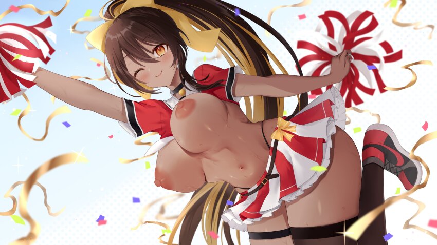 1girl absurdres breasts breasts_out cheerleader highres indie_virtual_youtuber long_hair looking_at_viewer miniskirt one_eye_closed skirt trinity_infinity wink