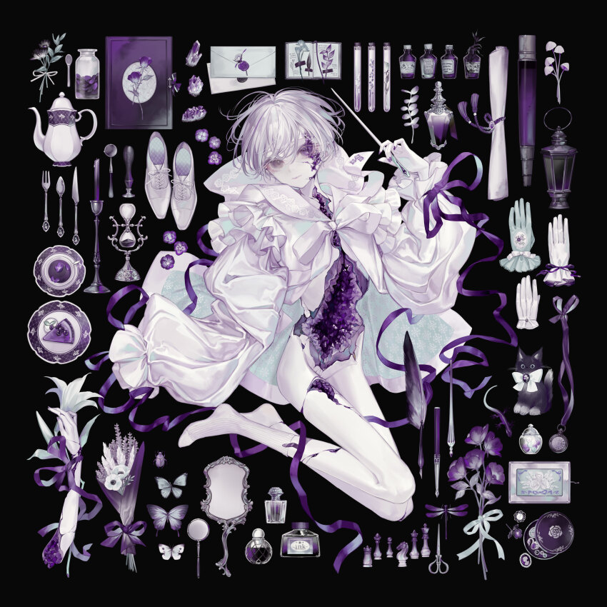 1boy absurdres anemone_(flower) aqua_gloves beetle black_background black_cat bottle bottomless bouquet box brooch bug butterfly cake cake_slice candle candlestand cat chess_piece closed_mouth colored_skin commentary cracked_skin crystal cup dress_shoes dried_flower english_commentary envelope equipment_layout expressionless floral_print flower food fork full_body gem gem_in_body gloves grey_eyes hair_between_eyes hand_mirror highres holding holding_flower holding_wand hollow_body hourglass inkwell insect jar jewelry knife lantern lavender_(flower) leaf lily_(flower) lizard long_sleeves looking_at_viewer lying magnifying_glass male_focus mirror mushroom music_box nib_pen_(object) no_shoes notebook on_back original pansy pen plate pocket_watch puffy_long_sleeves puffy_sleeves purple_butterfly purple_flower purple_gemstone purple_nails purple_pansy purple_ribbon quill reeds ribbon sailor_collar scissors scroll severed_limb shirt shoes short_hair sleeves_past_wrists socks solo spoon teacup teapot test_tube unworn_gloves unworn_shoes wand watch wax_seal wax_stamp white_butterfly white_flower white_gloves white_lily white_shirt white_shoes white_skin white_socks yoggi_(stretchmen)