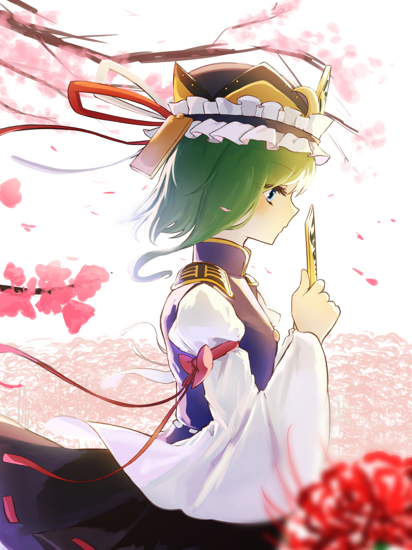 1girl absurdres black_hat black_skirt blue_eyes blush bow breasts buttons cherry_blossoms closed_mouth commentary_request cowboy_shot epaulettes expressionless flower frilled_hat frills green_hair hat highres holding long_sleeves profile purple_vest red_bow red_flower ribbon-trimmed_skirt ribbon_trim ritu_(ri_tu49) rod_of_remorse shiki_eiki shirt short_hair skirt sleeve_bow small_breasts solo spider_lily touhou vest white_background white_shirt wide_sleeves