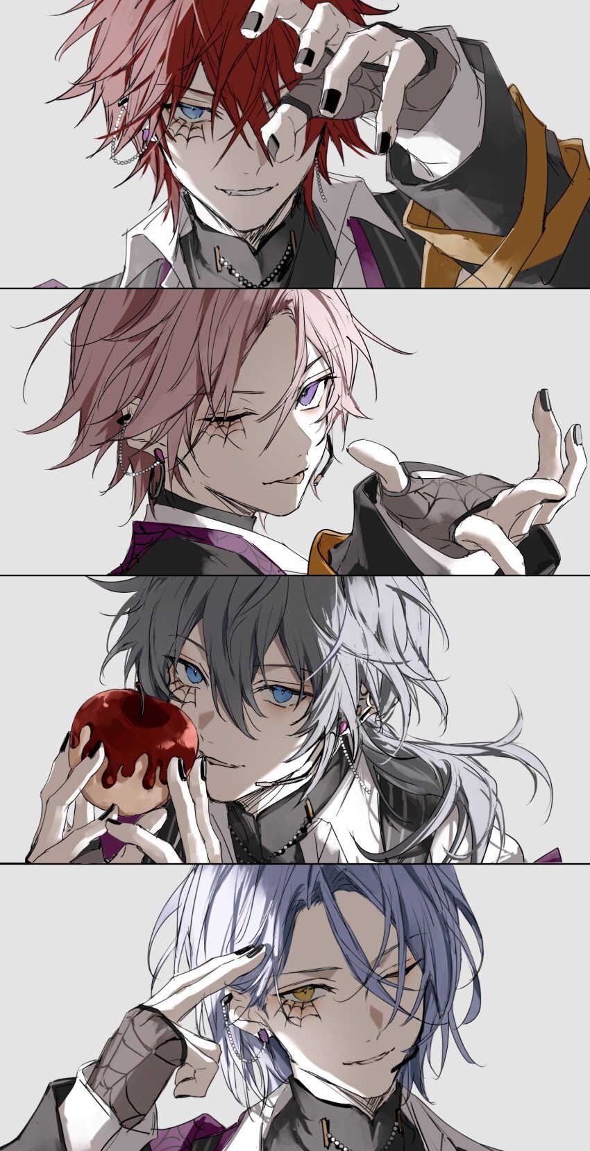 4boys absurdres amagi_rinne arm_up black_gloves black_nails black_shirt blue_eyes blue_hair candy_apple closed_eyes collared_shirt commentary crazy_b_(ensemble_stars!) crossed_bangs ear_chain ensemble_stars! fingerless_gloves fingers_to_head food gloves grey_hair hair_between_eyes highres himeru_(ensemble_stars!) holding holding_candy_apple layered_sleeves male_focus multiple_boys nail_polish nozz177 one-eyed orange_eyes oukawa_kohaku outstretched_hand parted_bangs parted_lips pink_hair ponytail purple_eyes red_hair shiina_niki shirt sleeves_past_wrists smile spider_web_print symbol-only_commentary tongue tongue_out white_background white_shirt wing_collar