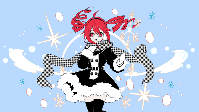 1girl absurdres ahoge alternate_costume black_dress black_scarf black_thighhighs buttons cowboy_shot double-breasted dress drill_hair fur-trimmed_dress fur_trim gloves hair_between_eyes hands_up highres kasane_teto long_sleeves looking_at_viewer open_mouth print_scarf putty_(kusanntonn) red_eyes red_hair scarf short_dress solo teeth thighhighs twin_drills upper_teeth_only utau white_gloves white_scarf winter_clothes winter_gloves