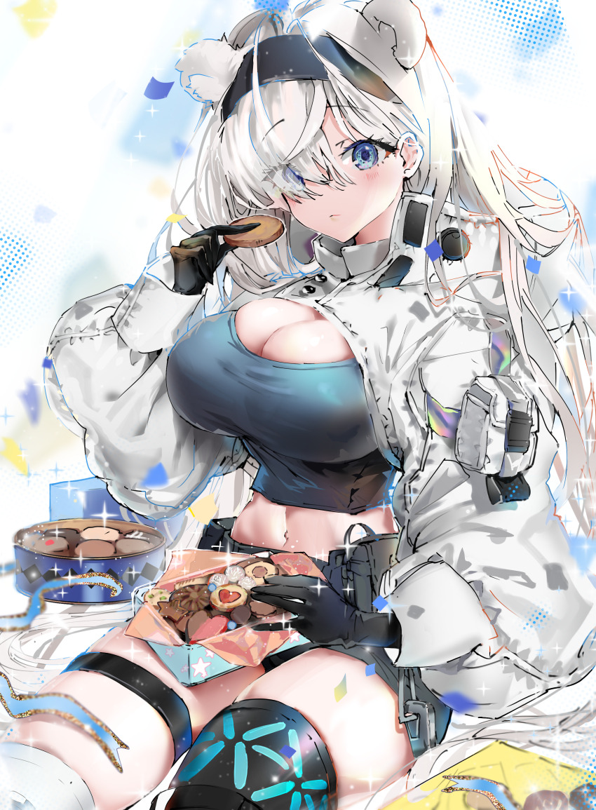 1girl absurdres animal_ears arknights aurora_(arknights) bear_ears black_gloves black_hairband blue_eyes breasts cleavage cookie crop_top food gloves grey_shorts hair_over_one_eye hairband highres holding holding_cookie holding_food infection_monitor_(arknights) jacket large_breasts long_hair looking_at_viewer midriff navel shorts shrug_(clothing) sitting solo stomach tekona0 white_hair white_jacket