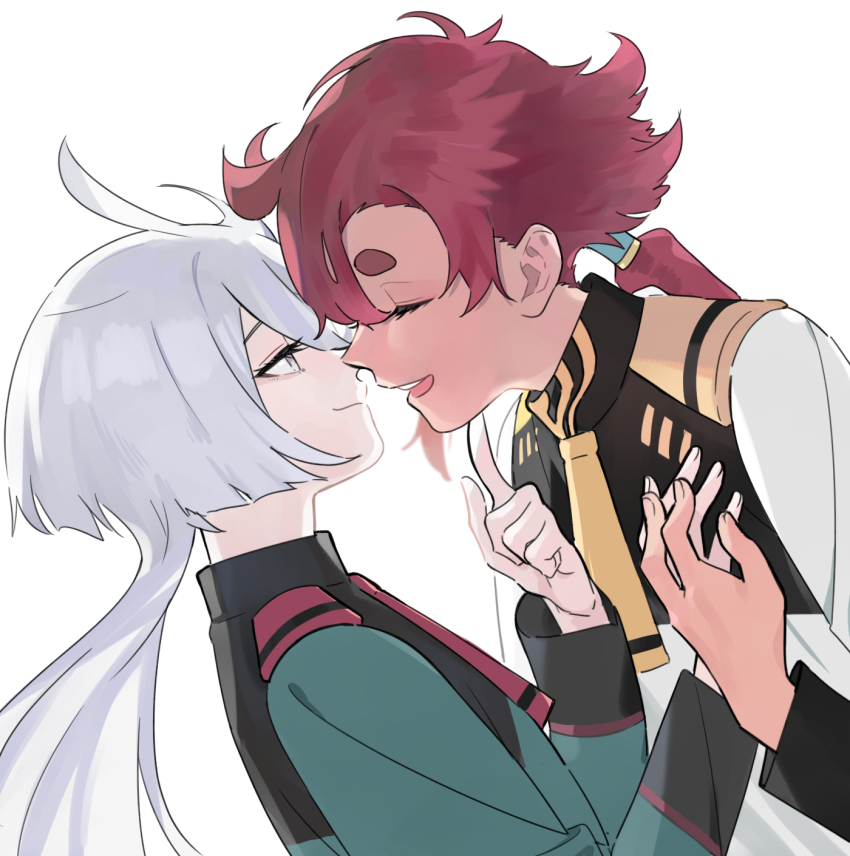 2girls ahoge closed_eyes grey_eyes gundam gundam_suisei_no_majo hand_on_another&#039;s_chin highres imminent_kiss knightym22 long_hair looking_at_another miorine_rembran multiple_girls necktie ponytail red_hair simple_background smile suletta_mercury thick_eyebrows upper_body white_background white_hair yuri