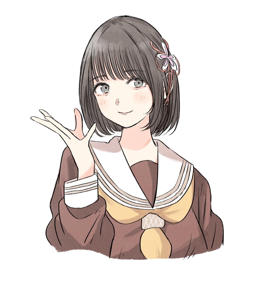 1girl animification bien_(djpwjd1) black_hair blunt_bangs blush bob_cut brown_dress closed_mouth commentary cropped_torso dress flower flower_knot hair_flower hair_ornament hand_up hasu_no_sora_school_uniform highres link!_like!_love_live! long_sleeves looking_at_viewer love_live! neckerchief open_hand pink_flower real_life sailor_collar sailor_dress sakurai_hina school_uniform short_hair simple_background smile solo split_mouth symbol-only_commentary virtual_youtuber voice_actor white_background white_sailor_collar winter_uniform yellow_neckerchief