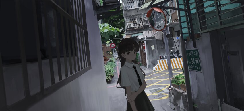 1girl alley arm_at_side barred_window black_eyes black_hair black_necktie black_skirt blunt_bangs closed_mouth collared_shirt condenser_unit cowboy_shot day dot_nose dutch_angle expressionless hand_on_own_arm high-waist_skirt highres jersey_barrier long_bangs long_hair looking_at_viewer moped motor_vehicle necktie original orval outdoors plant road road_sign school_uniform shirt shirt_tucked_in short_sleeves sign skirt solo straight_hair street striped_necktie traffic_mirror tree white_shirt wispy_bangs