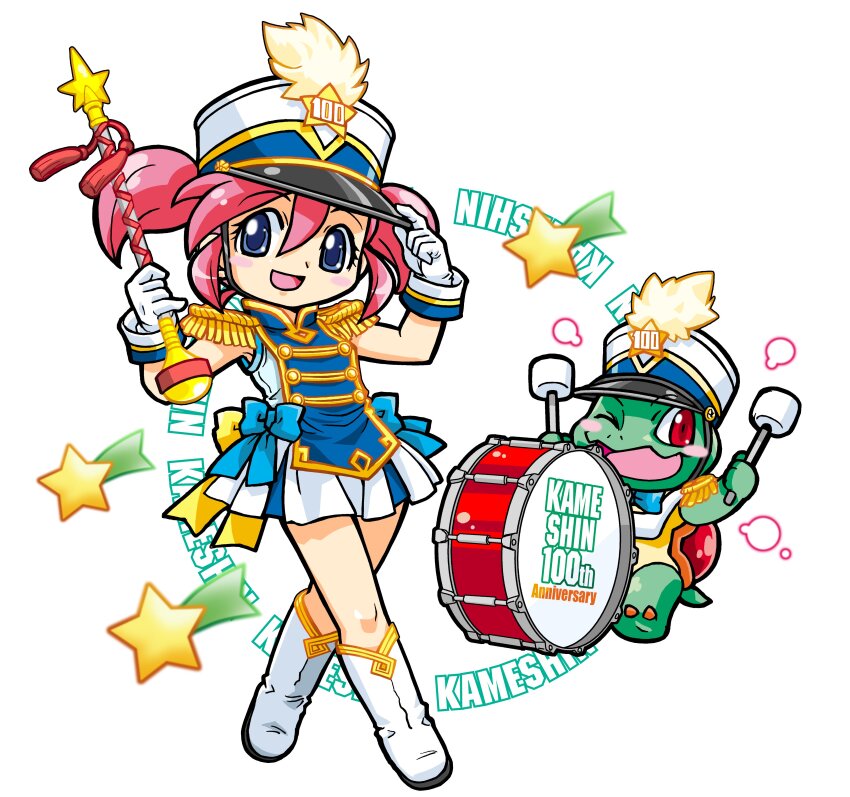 1boy 1girl absurdres aiguillette anniversary back_bow band_uniform bass_drum blue_bow blue_bowtie boots bow bowtie chibikemo commentary copyright_name drum drum_major drumsticks epaulettes full_body furry furry_male gloves hair_between_eyes hand_on_headwear hands_up hat hat_ornament hat_tip high_collar highres holding holding_baton holding_drumsticks instrument kameari_shinkin_bank kokomahi marching_band_baton official_art one_eye_closed open_mouth pink_hair pleated_skirt plume red_eyes shako_cap shirt shooting_star short_hair skirt sleeveless sleeveless_shirt smile standing star_(symbol) star_hat_ornament turtle turtle_boy twintails white_boots white_gloves yellow_bow yumeka_(kameari_shinkin_bank) yuuki_(kameari_shinkin_bank)