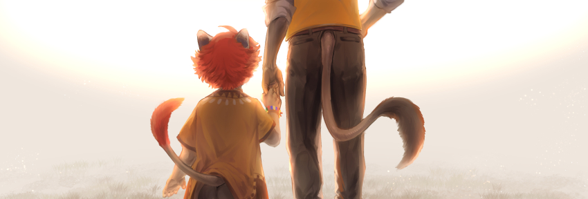 absurdres animal_ears cheka_kingscholar child commentary_request field from_behind grasslands hand_in_pocket highres holding_hands leona_kingscholar lion_boy lion_ears lion_tail outdoors penya red_hair short_hair standing tail twisted_wonderland uncle_and_nephew vest