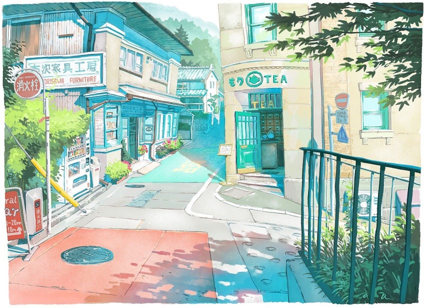 alley building bush cityscape commentary condenser_unit dappled_sunlight day drainpipe english_commentary fence fog forest gom_jabbar grass gutter hill iron_fence manhole_cover mountainous_horizon nature no_humans open_door original photoshop_(medium) planter procreate_(medium) road road_sign scenery shop sign sky stairs street sunlight teapot town trash_can tree vending_machine white_sky window