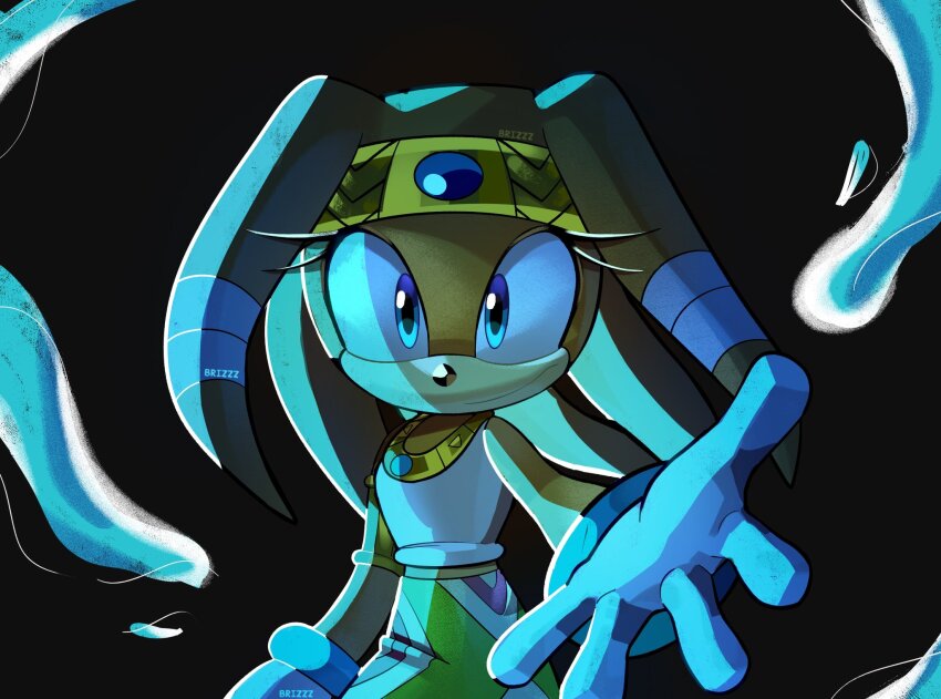 1girl artist_logo black_background blue_eyes blue_theme highres logo looking_at_viewer outstretched_arm solo sonic_(series) sonic_adventure sunsetbriz tikal_the_echidna water