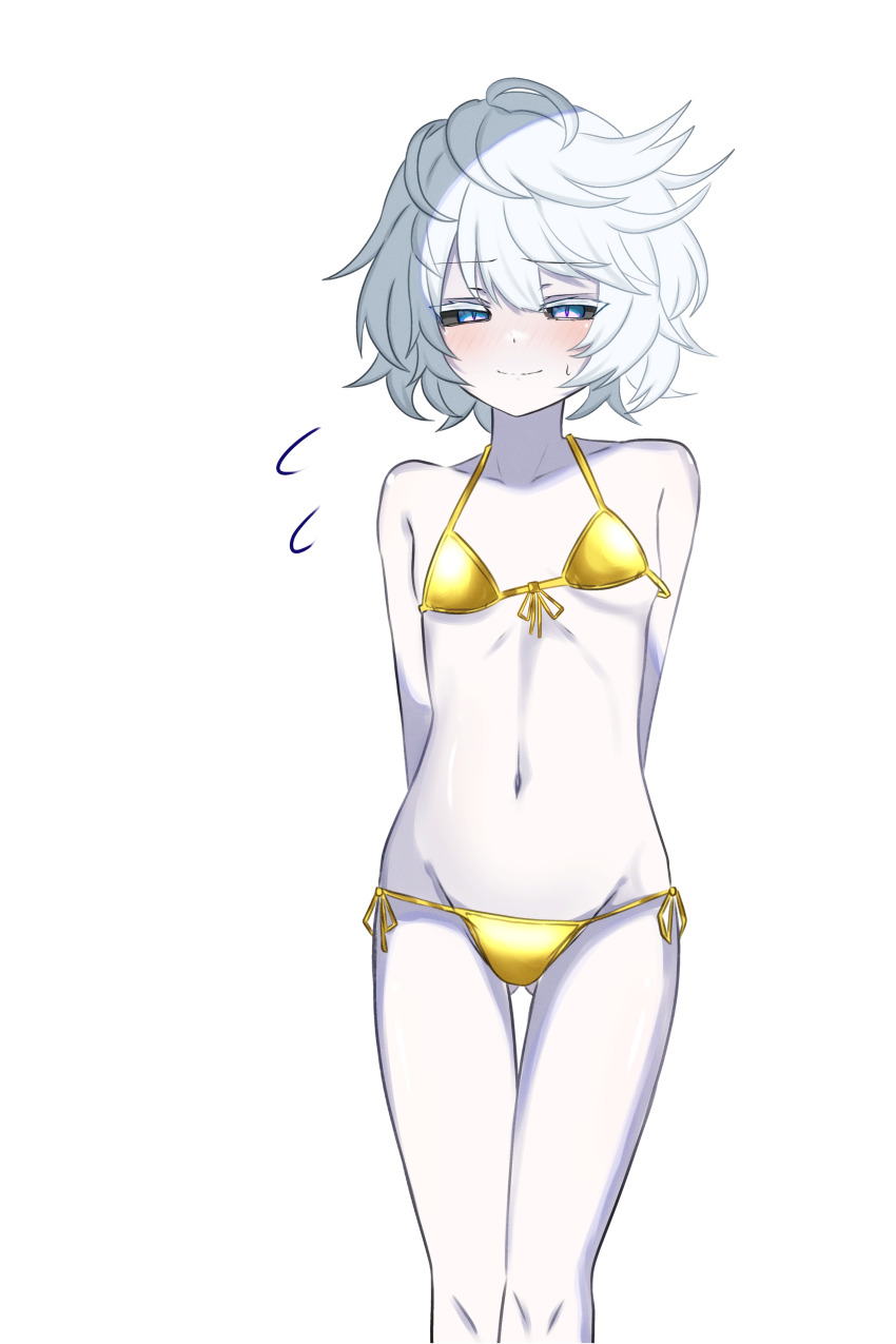 1girl absurdres arms_behind_back bikini black_sclera blue_eyes blush breasts colored_sclera colored_skin fate/grand_order fate_(series) gluteal_fold gold_bikini highres navel rjjc small_breasts smile sweatdrop swimsuit van_gogh_(fate) van_gogh_(third_ascension)_(fate) white_background white_hair white_skin