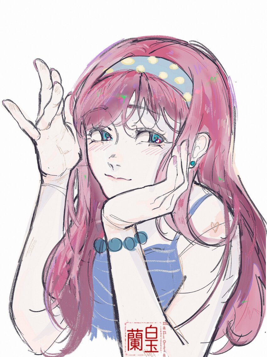 1girl absurdres alternate_costume aubrey_(faraway)_(omori) aubrey_(omori) bare_arms bare_shoulders bead_bracelet beads blue_camisole blue_eyes blue_hairband blush bracelet camisole closed_mouth commentary cropped_torso earrings film_grain hair_between_eyes hair_over_shoulder hairband hand_on_own_cheek hand_on_own_face hands_up heart heart_in_eye highres jewelry long_hair looking_at_viewer manio11a nail_polish omori pale_skin pink_hair pink_nails polka_dot_hairband raised_eyebrows sideways_glance simple_background smile solo stud_earrings symbol-only_commentary symbol_in_eye two-tone_hairband watermark waving white_background yellow_hairband