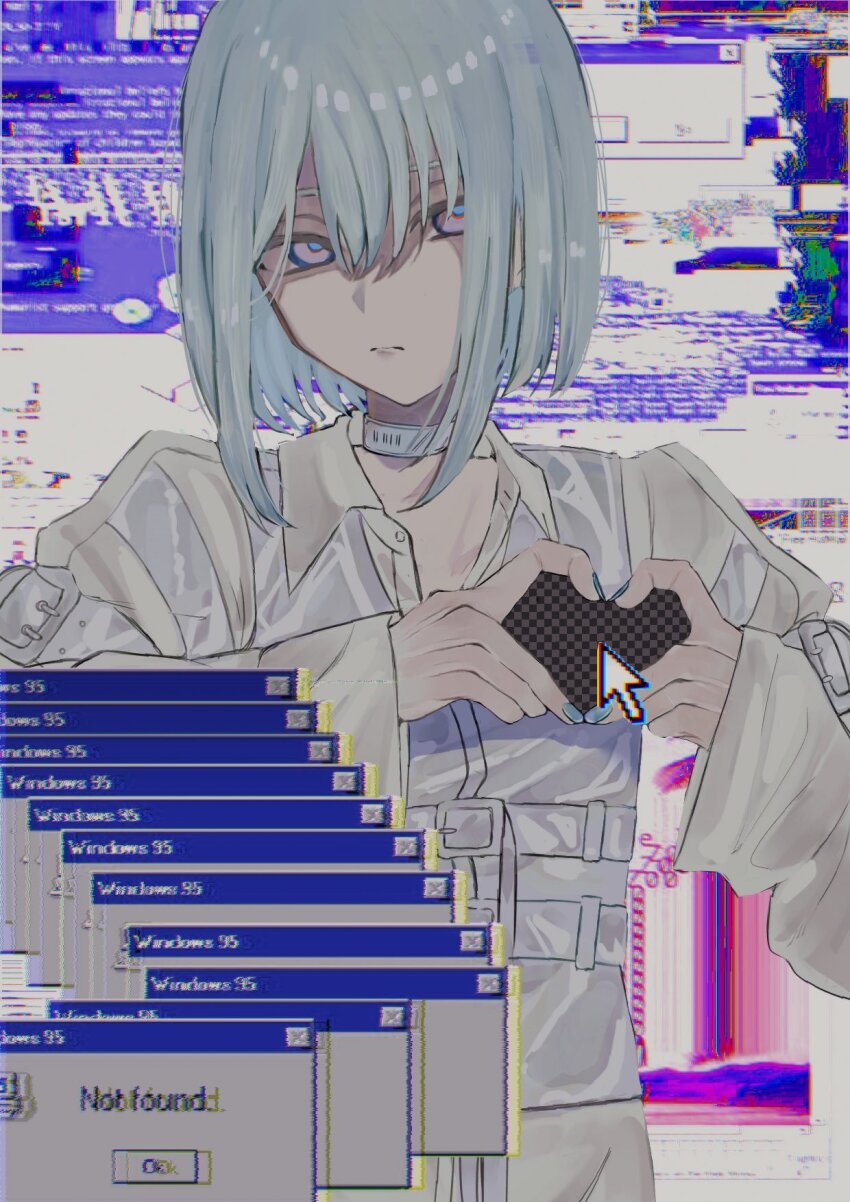18trip 1girl four-finger_heart_hands azekawa_kinari blue_nails blue_pupils chromatic_aberration closed_mouth collar collared_shirt commentary_request cursor fingernails glitch grey_hair hair_between_eyes hands_up heart heart_hands highres icon_(computing) long_sleeves looking_at_viewer microsoft_windows nail_polish namani_(kotonakiwoget) open_collar pink_eyes shirt short_hair solo strap upper_body white_collar white_shirt window_(computing) windows_95 windows_classic