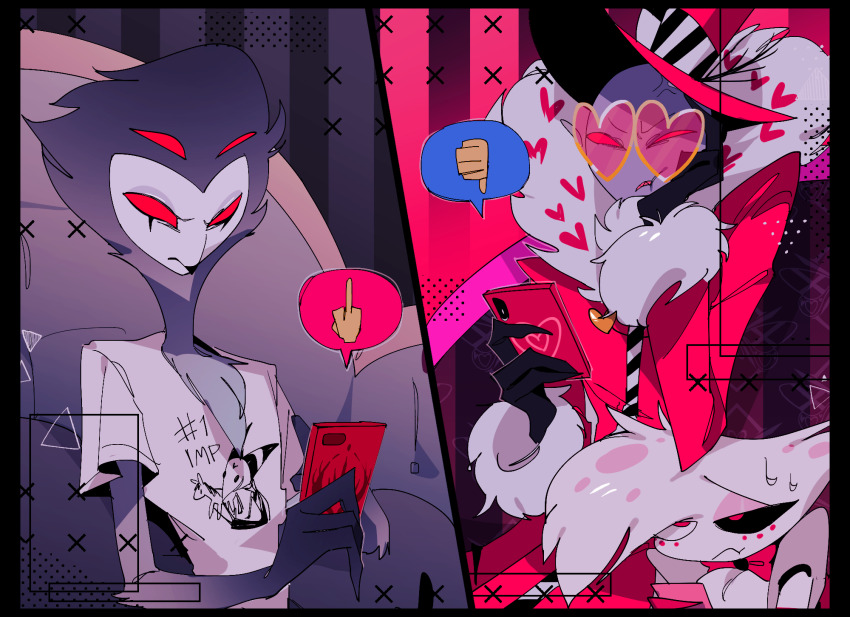 3boys ama0805 angel_dust blitzo_(helluva_boss) coat colored_skin demon_boy fur-trimmed_coat fur_trim hazbin_hotel heart heart-shaped_eyewear helluva_boss highres looking_at_viewer middle_finger multiple_boys pink_coat purple_skin red_eyes sharp_teeth stolas_(helluva_boss) teeth valentino_(hazbin_hotel)