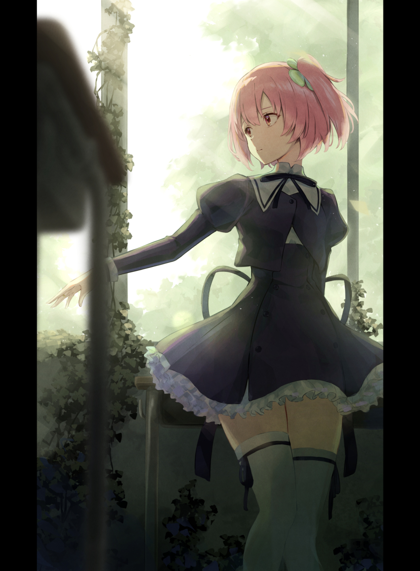 1girl arm_behind_back assault_lily black_ribbon black_skirt blurry blurry_foreground buttons closed_mouth clover_hair_ornament commentary cropped_jacket desk feet_out_of_frame four-leaf_clover_hair_ornament frilled_skirt frills hair_between_eyes hair_ornament hand_up high-waist_skirt highres hitotsuyanagi_riri indoors juliet_sleeves leg_ribbon light_particles long_sleeves looking_ahead looking_to_the_side miniskirt neck_ribbon nuenue one_side_up outstretched_arm overgrown pillarboxed pink_eyes pink_hair puffy_sleeves ribbon school_desk school_uniform shirt short_hair skirt solo standing sunlight thigh_ribbon thighhighs tree white_shirt white_thighhighs window yurigaoka_girls_academy_school_uniform zettai_ryouiki