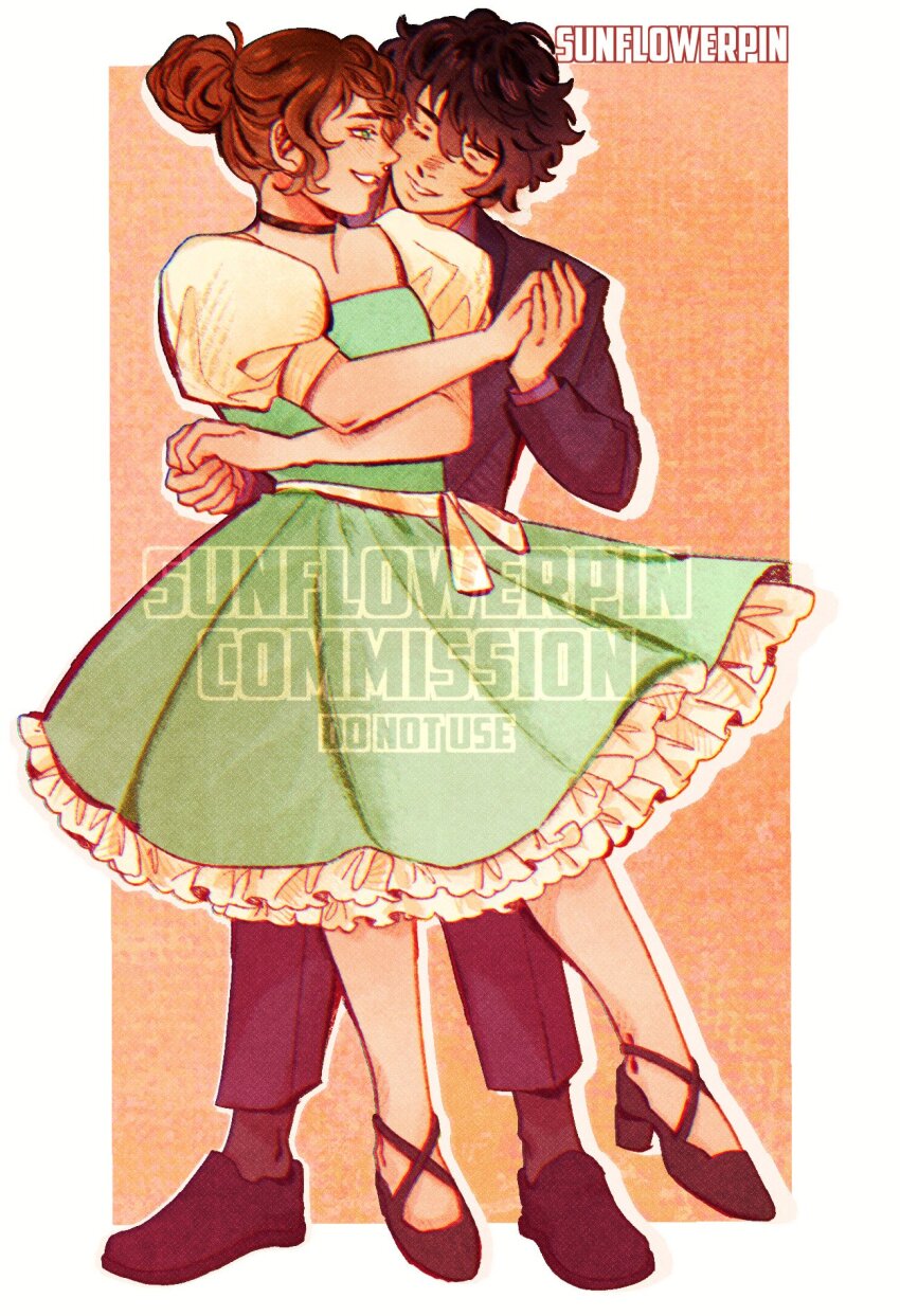 1boy 1girl baxter_ward blue_eyes border brown_hair closed_eyes dancing dress dress_shirt formal_clothes frilled_dress frills full_body green_dress grin hair_between_eyes hair_bun high_heels highres holding_hands looking_at_another main_character_(our_life) orange_background our_life:_beginnings_and_always puffy_sleeves purple_suit shirt short_hair sidelocks smile standing standing_on_one_leg suit sunnyflowerday1 waist_ribbon white_border