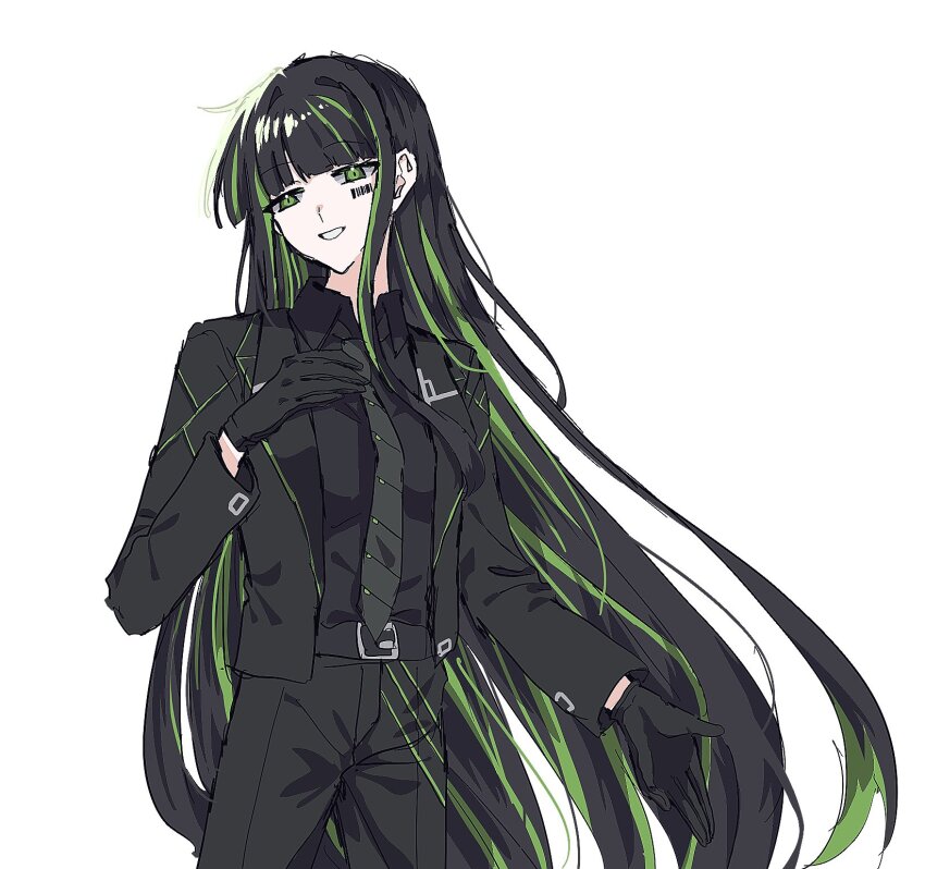 1girl alfonso_(project_moon) black_gloves black_jacket black_necktie black_pants black_shirt collared_shirt gloves green_eyes green_hair green_trim hand_up highres jacket lapels limbus_company long_hair multicolored_hair necktie notched_lapels open_mouth pants project_moon shirt sidelocks simple_background smile solo streaked_hair very_long_hair white_background xxed_h