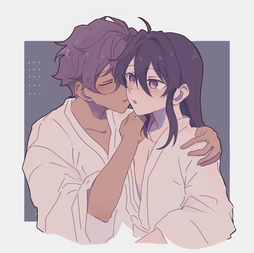 2boys ahoge alternate_costume androgynous arm_around_shoulder blush border closed_eyes collarbone cropped_torso dark-skinned_male dark_skin double-parted_bangs ensemble_stars! grey_background hair_between_eyes hair_down hair_intakes hand_on_another&#039;s_shoulder highres imminent_kiss japanese_clothes kanzaki_souma kimono long_hair long_sleeves male_focus multiple_boys open_mouth otogari_adonis outside_border parted_lips pectoral_cleavage pectorals plunging_neckline purple_eyes purple_hair raised_eyebrows short_hair sidelocks surprised white_border white_kimono whiten_wolf wide_sleeves yukata
