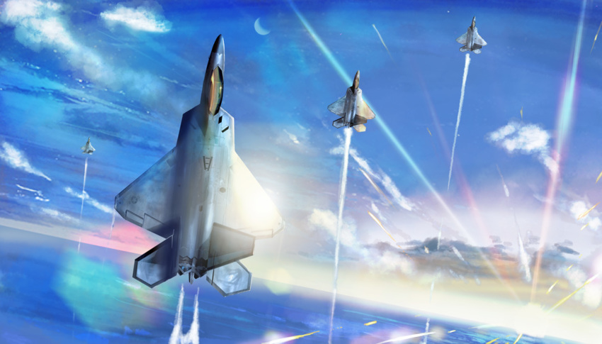 afterburner aircraft airplane cloud f-22_raptor fighter_jet fleet flying i.t.o_daynamics lens_flare military military_vehicle moon ocean real_life realistic vehicle_focus