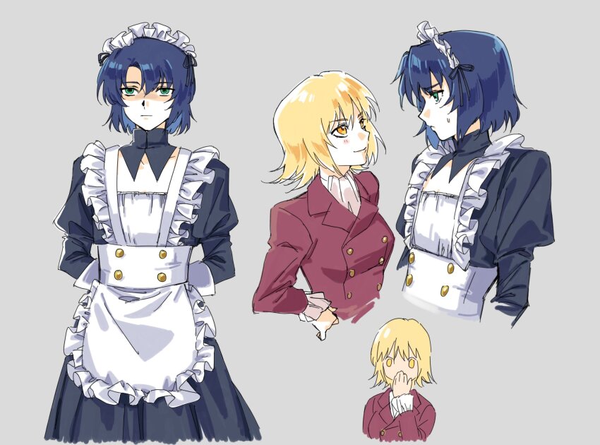 1boy 1girl apron arms_behind_back ascot athrun_zala black_choker blonde_hair blue_hair broom business_suit cagalli_yula_athha choker crossdressing dress formal_clothes gloom_(expression) green_eyes gundam gundam_seed gundam_seed_destiny gundam_seed_freedom highres kangjini0248 long_sleeves maid maid_apron maid_headdress ribbon short_hair smile solo suit uniform yellow_eyes