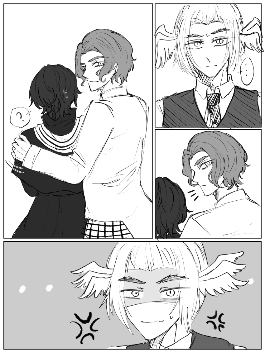 ... 3boys ? anger_vein angry beelzebub_(shuumatsu_no_valkyrie) closed_mouth collared_shirt comic curly_hair hand_on_another&#039;s_shoulder head_wings high_collar highres long_sleeves looking_at_another looking_back lucifer_(shuumatsu_no_valkyrie) male_focus messy_hair monochrome multiple_boys multiple_views necktie nikola_tesla_(shuumatsu_no_valkyrie) notice_lines robe scarf shaded_face shirt short_hair shuumatsu_no_valkyrie speech_bubble spoken_ellipsis spoken_question_mark sweatdrop upper_body vest wings