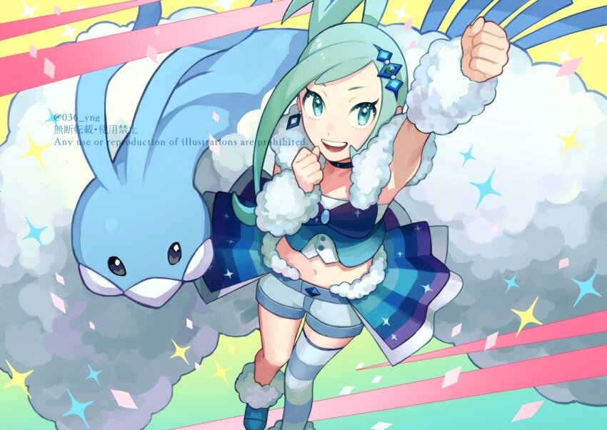 1girl :d altaria arm_up arm_warmers black_choker choker clenched_hands commentary_request earrings eyelashes gen_3_pokemon green_eyes green_hair hand_up jewelry lisia_(pokemon) looking_up navel nintendo open_mouth pokemon pokemon_(creature) pokemon_oras shoes shorts showgirl_skirt sidelocks single_thighhigh smile teeth thighhighs twitter_username upper_teeth_only vest watermark y_(036_yng)
