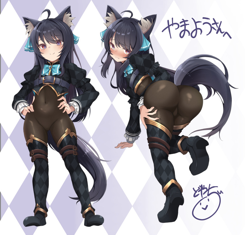 1girl ahoge all_fours animal_ear_fluff animal_ears argyle_background argyle_clothes arm_belt ass belt bent_over black_bodysuit black_hair black_shoes blue_bow blue_bowtie blue_ribbon blush bodystocking bodysuit boots borrowed_character bow bowtie cat_ears cat_girl cat_tail closed_mouth covered_navel cropped_jacket doyachii from_behind full_body hair_ribbon hand_on_own_ass hands_on_own_hips heterochromia high_heels highres juliet_sleeves leg_belt leg_up long_hair long_sleeves looking_at_viewer looking_back multicolored_eyes multiple_views puffy_sleeves purple_eyes red_eyes ribbon shoes shrug_(clothing) signature skin_tight smile standing standing_on_one_leg svartlilja_(vrchat) tail thigh_boots thigh_strap thighhighs thighs vrchat wolf_ears wolf_girl wolf_tail