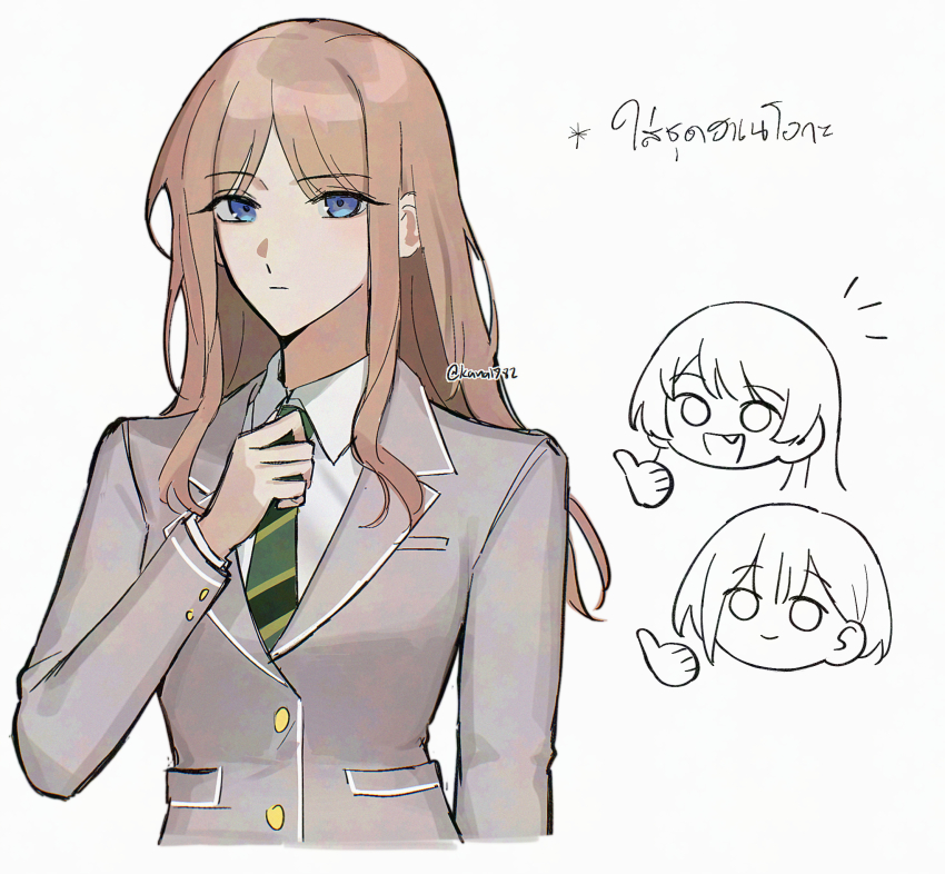3girls :d adjusting_clothes adjusting_necktie arm_at_side bang_dream! bang_dream!_it&#039;s_mygo!!!!! blazer blue_eyes breast_pocket brown_hair buttons chibi chihaya_anon closed_mouth collared_shirt commentary_request cropped_torso diagonal-striped_clothes diagonal-striped_necktie expressionless fang green_necktie grey_jacket hand_up haneoka_school_uniform head_only highres jacket kana1782 long_hair long_sidelocks long_sleeves looking_at_viewer multiple_girls nagasaki_soyo necktie notice_lines open_mouth parted_bangs pocket school_uniform shirt sidelocks simple_background smile striped_clothes takamatsu_tomori thai_commentary thai_text thumbs_up twitter_username white_background white_shirt winter_uniform