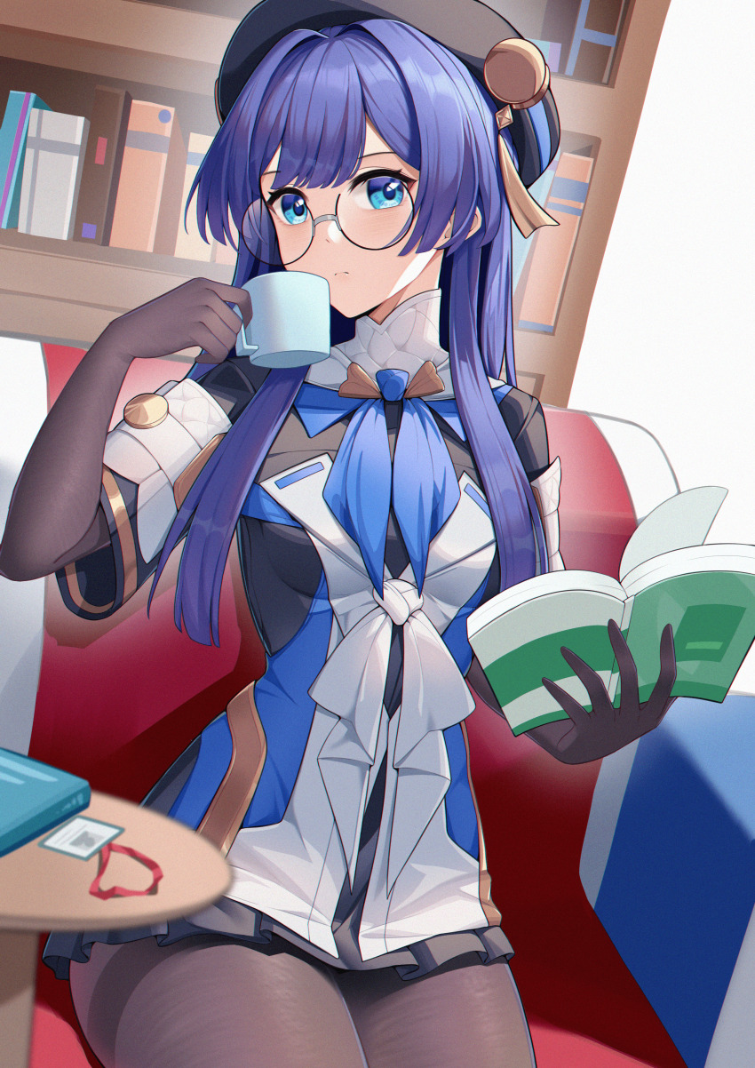 1girl absurdres beret black_hat black_pantyhose black_skirt blue_eyes blue_hair blue_neckerchief breasts closed_mouth commentary_request couch cup elbow_gloves glasses gloves hat highres holding holding_cup honkai:_star_rail honkai_(series) id_card long_hair looking_at_viewer military_uniform miniskirt mixed-language_commentary mug neckerchief on_couch pantyhose pela_(honkai:_star_rail) purple_hair round_eyewear short_sleeves sitting skirt small_breasts solo straight_hair wuren