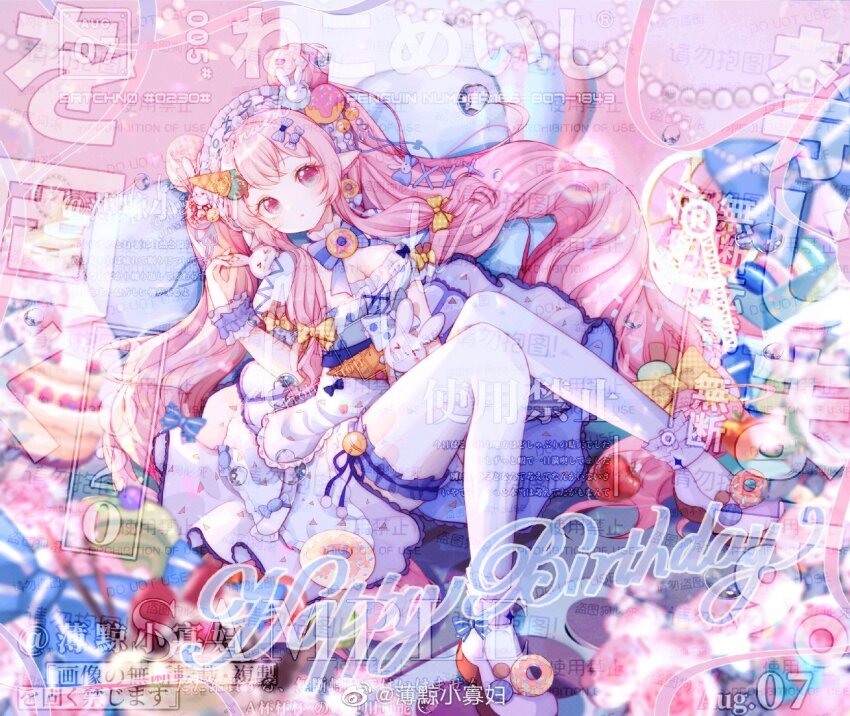 1girl :o bell birthday_cake boqing_xiao_guafu bow bowtie breasts cake candy carrot chinese_commentary cleavage cleavage_cutout clothing_cutout commentary_request commission cross-laced_clothes cross-laced_dress donut_hair_ornament double_bun dress eyelashes food food-themed_hair_ornament frilled_anklet frilled_dress frilled_hairband frilled_thighhighs frills fruit full_body hair_bow hair_bun hair_ornament hair_ribbon hairband happy_birthday high_heels ice_cream knees_up large_breasts light_blush long_hair looking_at_viewer original oversized_object parted_lips pink_eyes pink_hair pointy_ears pumps purple_bow purple_bowtie purple_footwear purple_hairband purple_ribbon purple_scrunchie rabbit_hair_ornament rabbit_on_shoulder ribbon ribbon_legwear sample_watermark scrunchie short_dress single_stripe sitting solo strawberry striped_bow striped_bowtie striped_clothes stuffed_toy sundae tareme thighhighs too_many_watermarks tress_ribbon triangle_print twintails very_long_hair watermark weibo_watermark white_dress white_thighhighs wrist_scrunchie