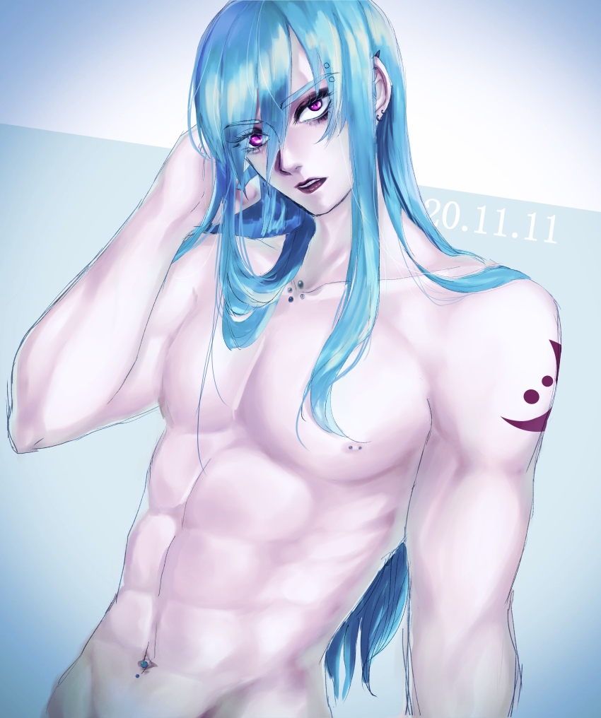 1boy abs absurdres androgynous blue_hair collarbone commentary_request dated ear_piercing earrings eyeshadow hand_up highres jewelry kokujou_hinako long_hair looking_at_viewer makeup navel_piercing nipple_piercing nipples nude original pectorals piercing purple_eyes purple_eyeshadow purple_lips shoulder_tattoo solo tattoo toned toned_male upper_body