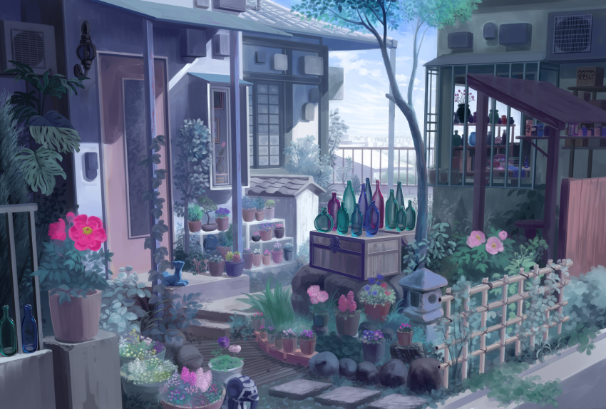 bottle building condenser_unit door flower highres kyuui no_humans original outdoors pink_flower plant potted_plant railing scenery tree vines window
