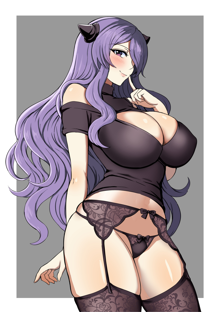 1girl absurdres black_panties black_shirt black_thighhighs blush breasts camilla_(fire_emblem) cleavage covered_erect_nipples fire_emblem fire_emblem_fates garter_belt garter_straps hair_ornament hair_over_one_eye highres huge_breasts lingerie long_hair looking_at_viewer navel nintendo panties purple_eyes purple_hair shirt simple_background skindentation smile solo tara_(szzj7733) thighhighs tiara underwear very_long_hair wavy_hair