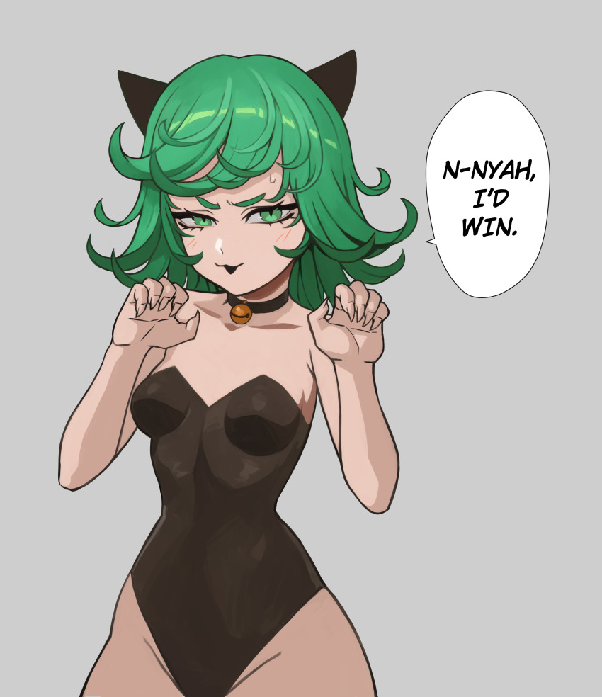 1girl :o absurdres animal_ears bell black_choker black_leotard blush brown_leotard cat_ears choker claw_pose cowboy_shot curly_hair curvy english_text fingernails green_eyes green_hair grey_background groin highres leotard medium_hair meme mogglebear nah_i&#039;d_win_(meme) neck_bell nontraditional_playboy_bunny one-punch_man petite sharp_fingernails simple_background smile solo speech_bubble strapless strapless_leotard sweat sweatdrop tatsumaki wide_hips