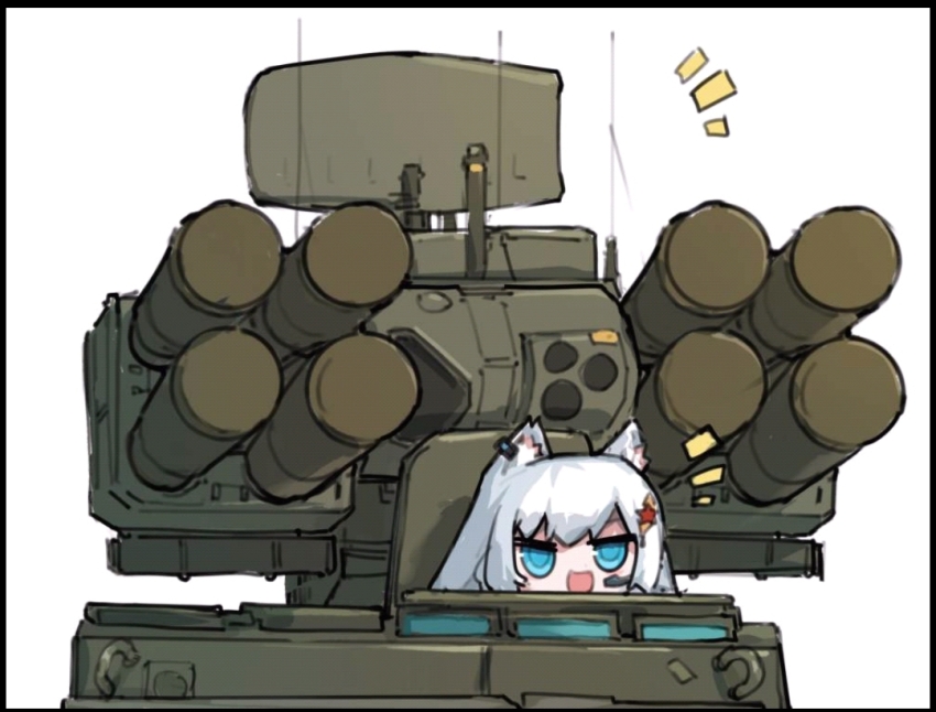 :d anti-aircraft anti-aircraft_missile anti-tank_missile blue_eyes cat_girl frider headset military military_vehicle open_mouth radar_dish smile surface-to-air_missile v-shaped_eyebrows war_thunder white_fur white_hair xm1069_adats