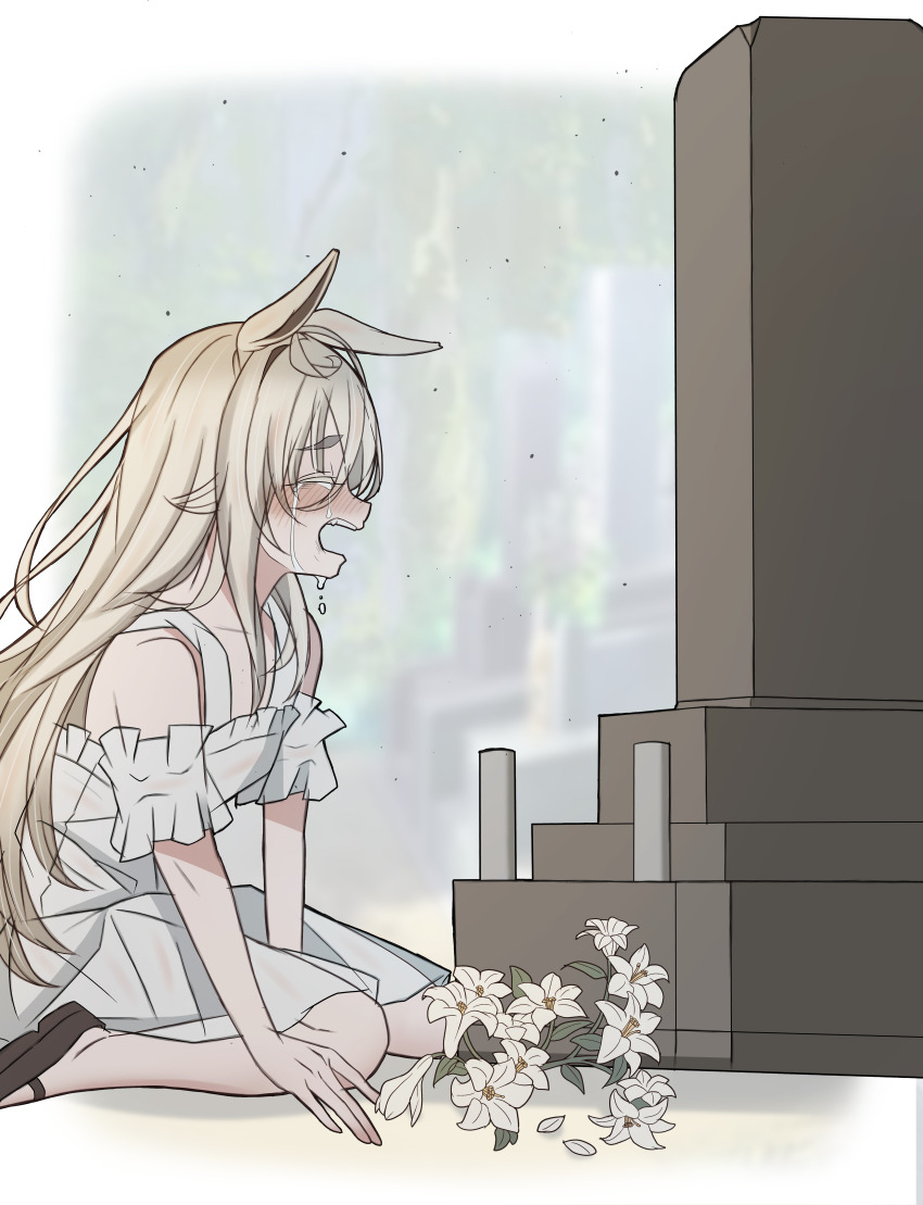 absurdres animal_ears black_footwear blonde_hair blush closed_eyes clothing_cutout commentary_request crying dress flower hair_between_eyes highres horse_ears horse_girl jo_cappuccino_(racehorse) leogust lily_(flower) long_hair on_ground sad shoulder_cutout sidelocks sitting solo streaming_tears tears tombstone umamusume very_long_hair wariza white_dress white_flower white_lily