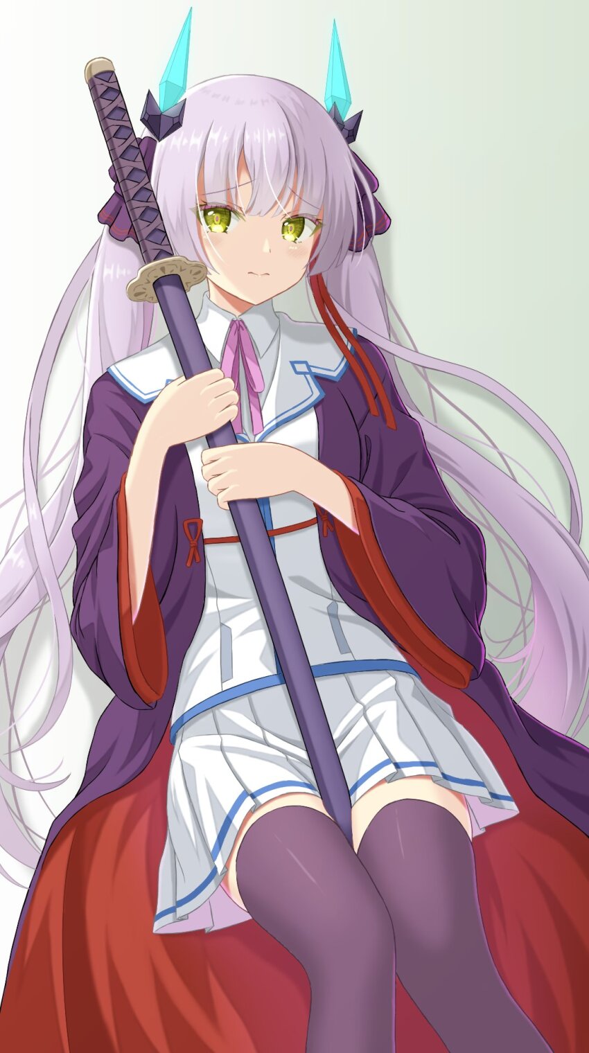 1girl black_jacket black_thighhighs closed_mouth grey_hair heaven_burns_red highres horns jacket long_hair long_sleeves mochimugi_rice ogasawara_hisame ribbon shirt skirt solo thighhighs twintails very_long_hair weapon white_hair white_shirt yellow_eyes