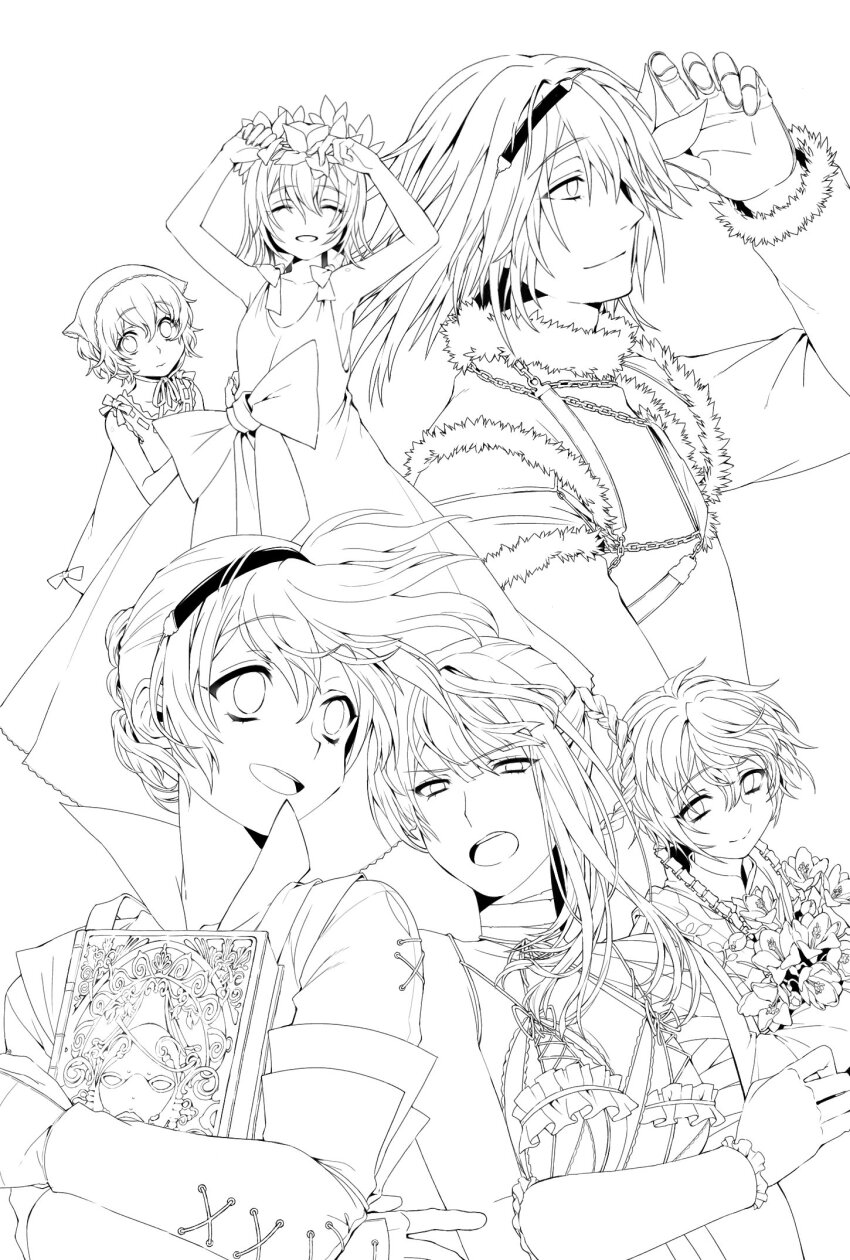 2boys 2girls brother_and_sister closed_eyes closed_mouth dress dual_persona emil_(nier) flower gloves greyscale grimoire_weiss highres kaine_(nier) long_hair monochrome multiple_boys multiple_girls nier nier_(brother) nier_(series) open_mouth saltysnow74 short_hair siblings simple_background smile white_background yonah