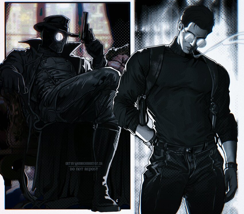 1boy cigarette coat crossed_legs glasses gloves gun hat highres holding holding_gun holding_weapon holster holstered long_coat male_focus marvel mask open_clothes open_coat pants round_eyewear shirt shoulder_holster smoking spider-man:_into_the_spider-verse spider-man_(series) spider-man_noir spider-verse twitter_username umikochannart watch weapon wristwatch