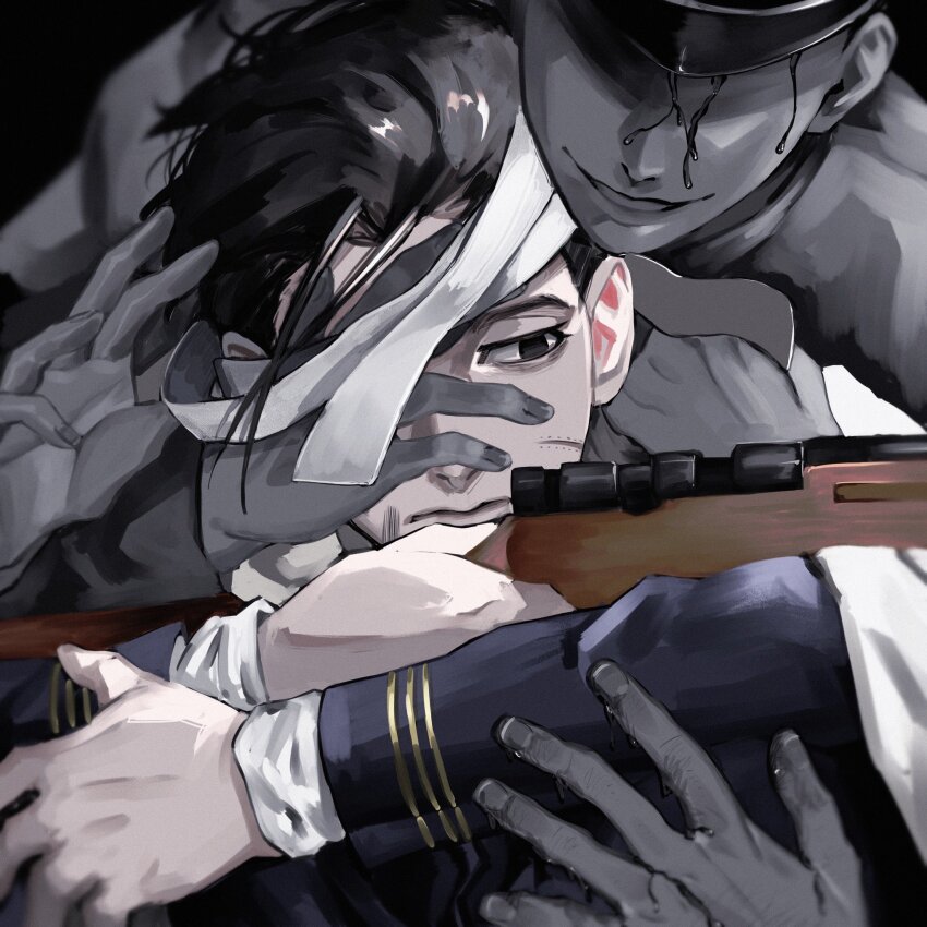 2boys 2others aiming bags_under_eyes bandage_over_one_eye behind_another black_eyes black_hair blood_from_forehead blue_jacket bolt_action cloak closed_mouth covering_another&#039;s_eye empty_eyes expressionless faceless faceless_male facial_hair facial_scar goatee golden_kamuy gun hanazawa_yusaku hand_over_another&#039;s_eye hat hat_over_eyes highres holding holding_gun holding_weapon jacket looking_to_the_side military_uniform multiple_boys multiple_others ogata_hyakunosuke open_mouth out_of_frame partially_colored rifle scar scar_on_cheek scar_on_face short_hair smile sriokorr upper_body weapon white_cloak