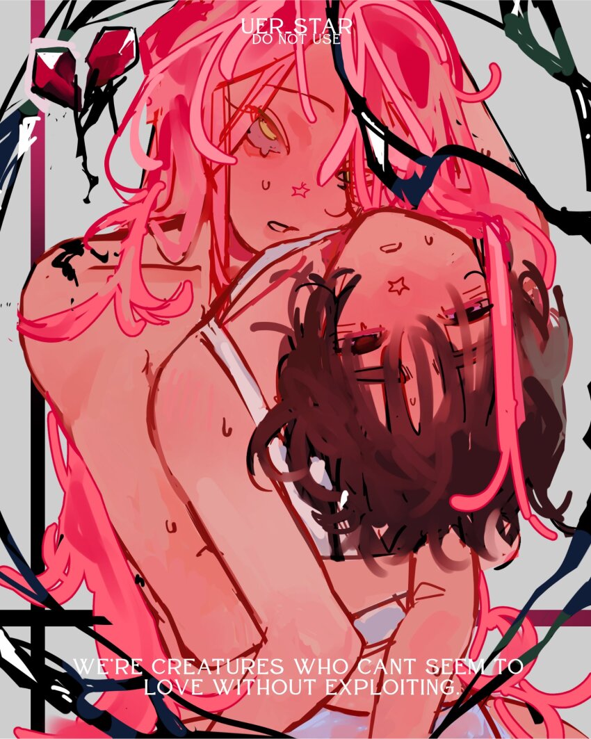 2girls alien_stage arms_around_waist artist_name black_blood black_hair blood broken_heart commentary dress english_commentary head_on_chest heart highres leaning_back long_hair mizi_(alien_stage) multiple_girls pink_hair sleeveless sleeveless_dress star_(symbol) sua_(alien_stage) sweat uerstar very_long_hair white_dress yellow_eyes