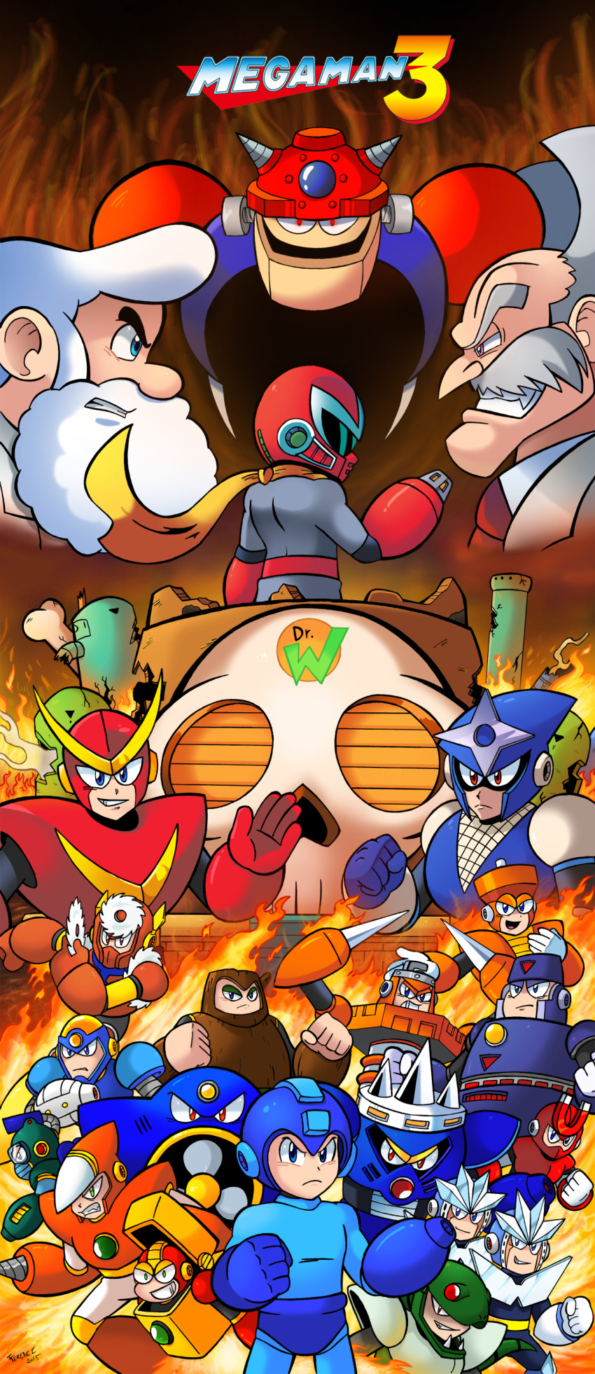 2boys 6+others absurdres air_man angry arm_cannon beard blue_eyes break_man brothers bubble_man capcom crash_man dr._light_(mega_man) dr._wily_(mega_man) drill_hand evil_grin evil_smile facial_hair fire flash_man gamma_(mega_man) gemini_man grin hand_up hard_man heat_man helmet highres looking_at_viewer magnet_man male_focus mega_man_(character) mega_man_(classic) mega_man_(series) mega_man_3 metal_man multiple_boys multiple_others mustache needle_man old old_man proto_man protoman_(rockman) quick_man red_eyes robot scar shadow_man_(mega_man) siblings skull smile snake_man spark_man standing sunglasses title top_man weapon wood_man